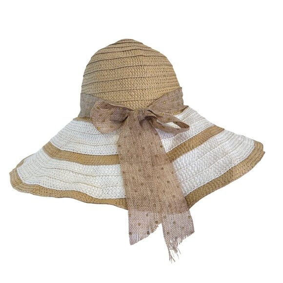 Womens Unbranded White and Tan Stripes Tie Ribbon Synthetic Wide Bucket Hat - Picture 5 of 7